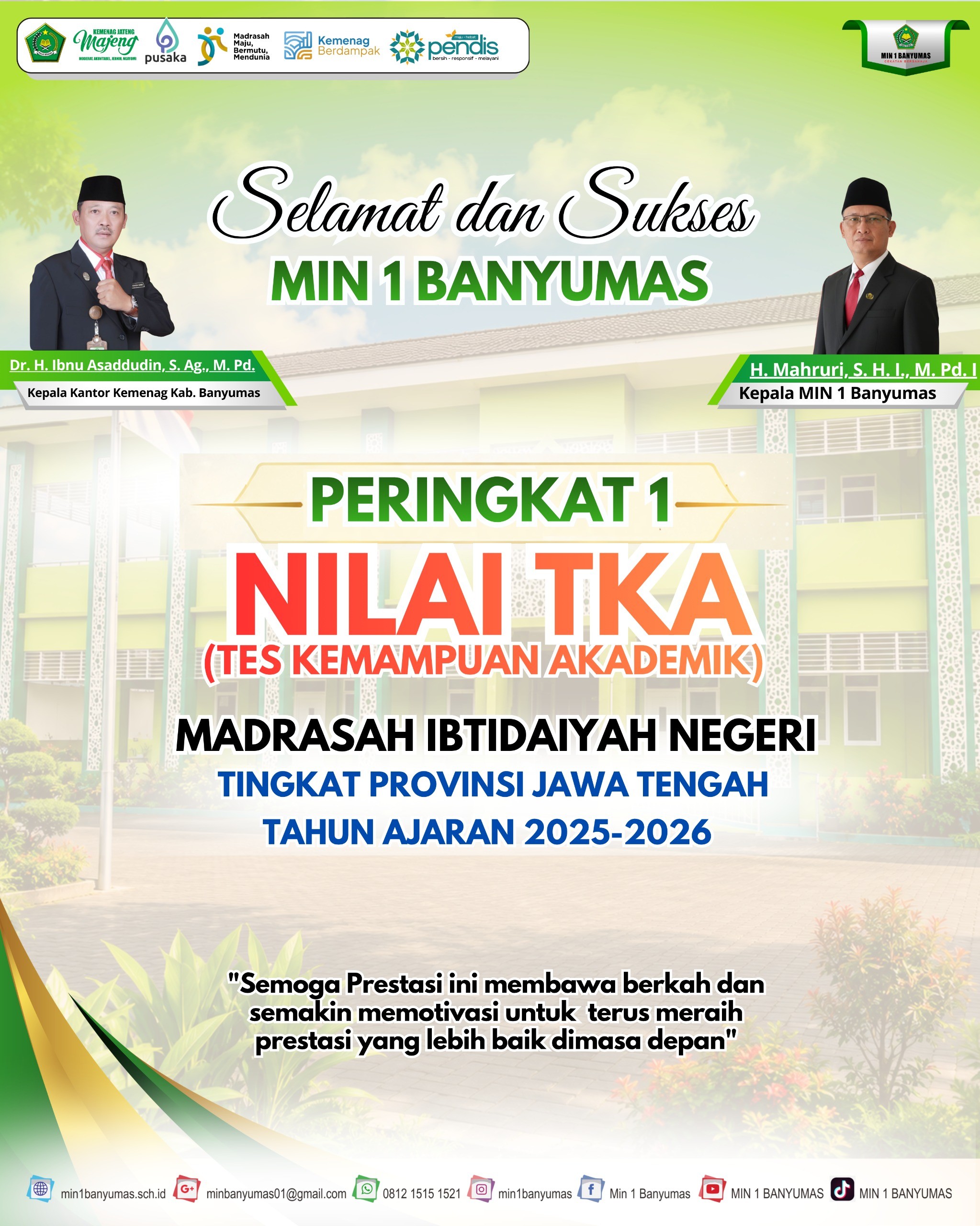 MIN 1 Banyumas Peringkat 1 Nilai TKA Tingkat Provinsi Jawa Tengah