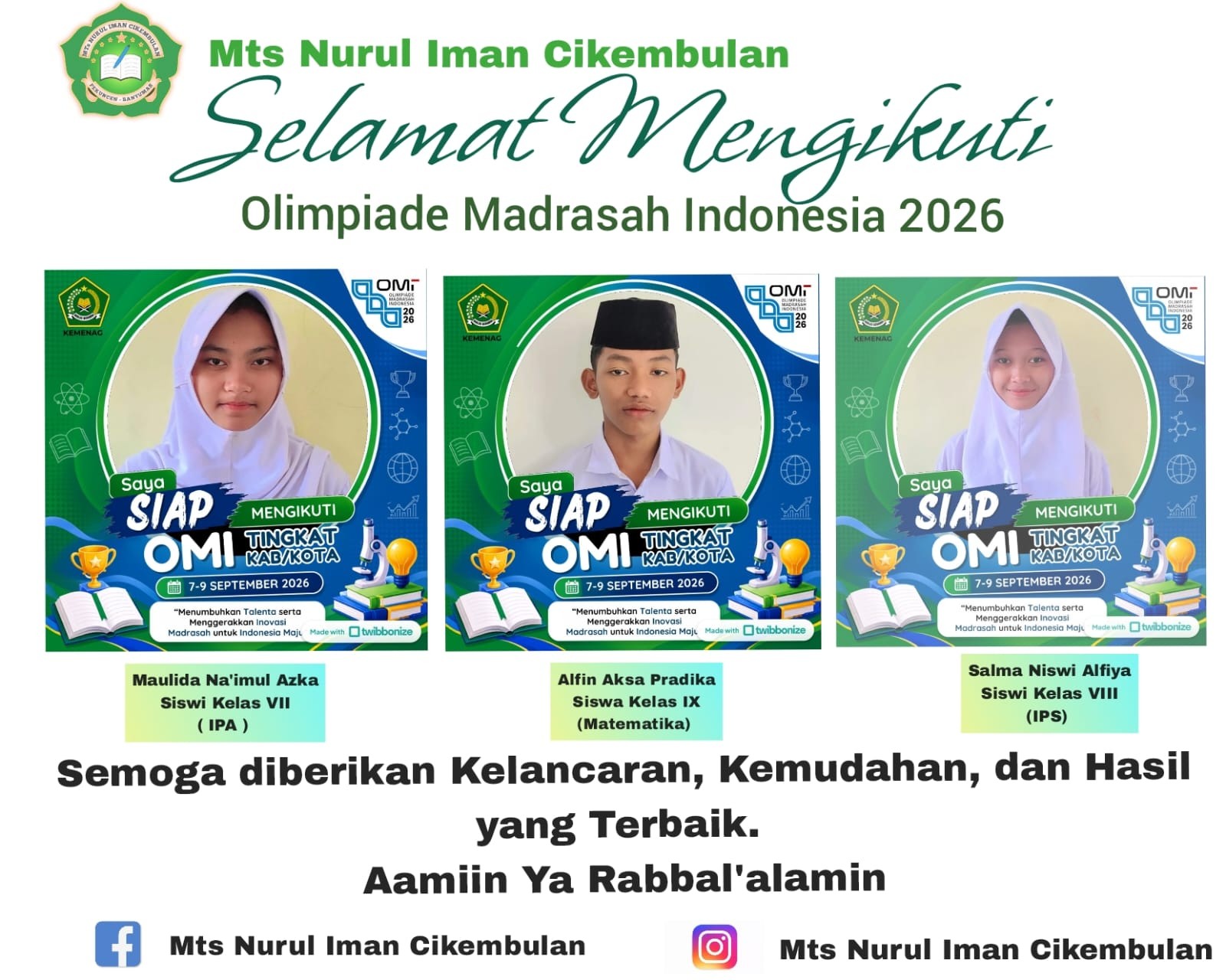 MTs Nurul Iman Cikembulan Delegasikan Tiga Siswa Terbaik ke Olimpiade Madrasah Indonesia 2026