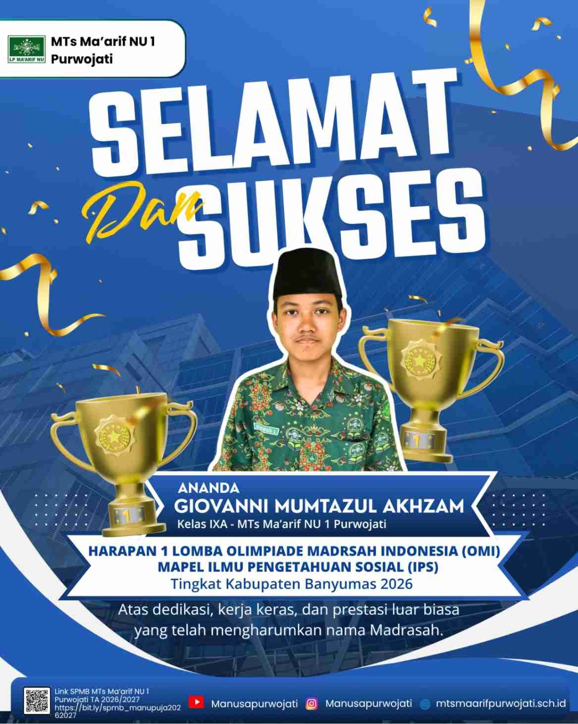 Prestasi Gemilang Siswa MTs Maarif NU 1 Purwojati Raih Juara Harapan I OMI Tingkat Kabupaten Banyumas
